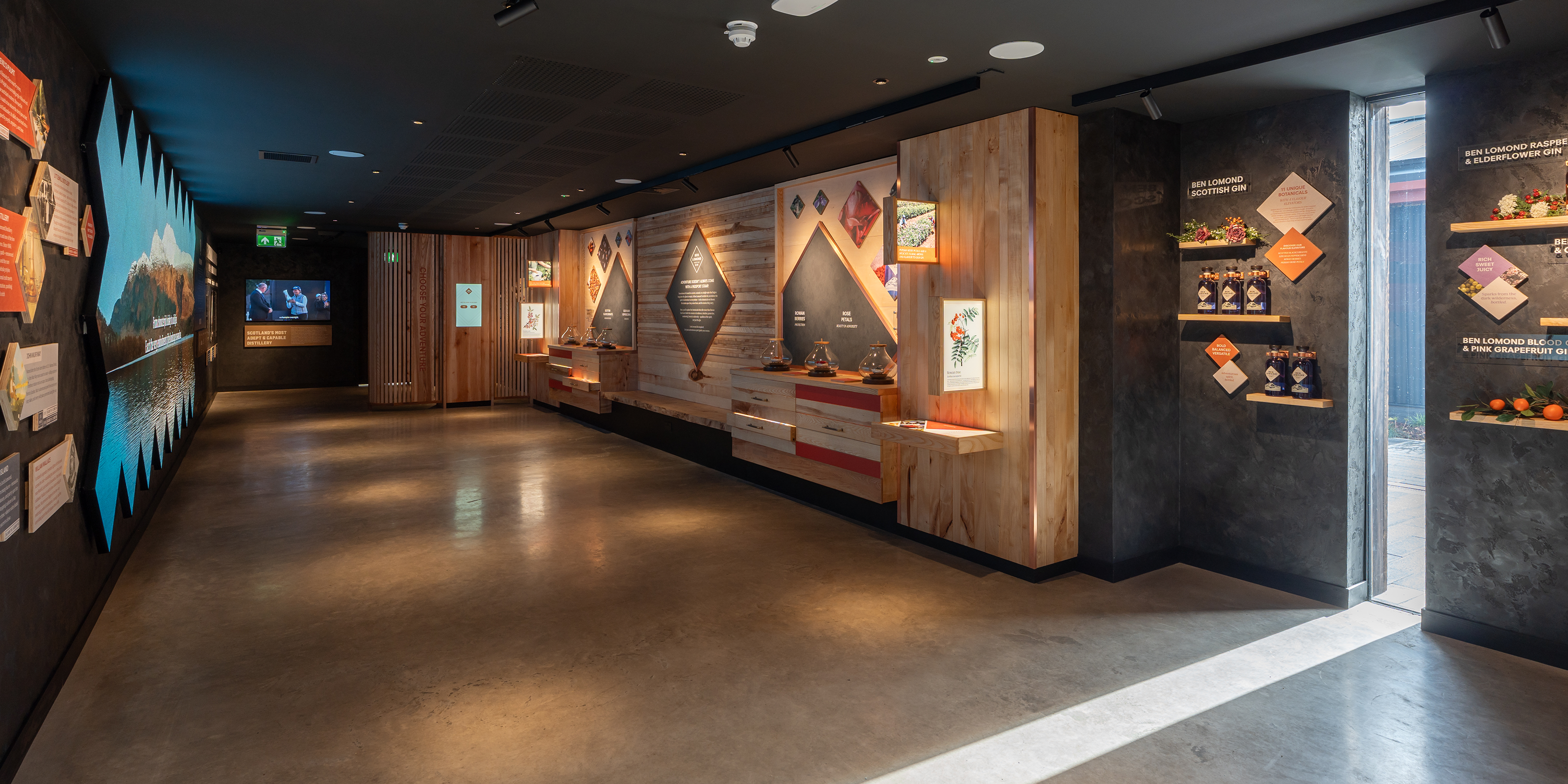 Museum exhibit with wooden panels and informational displays