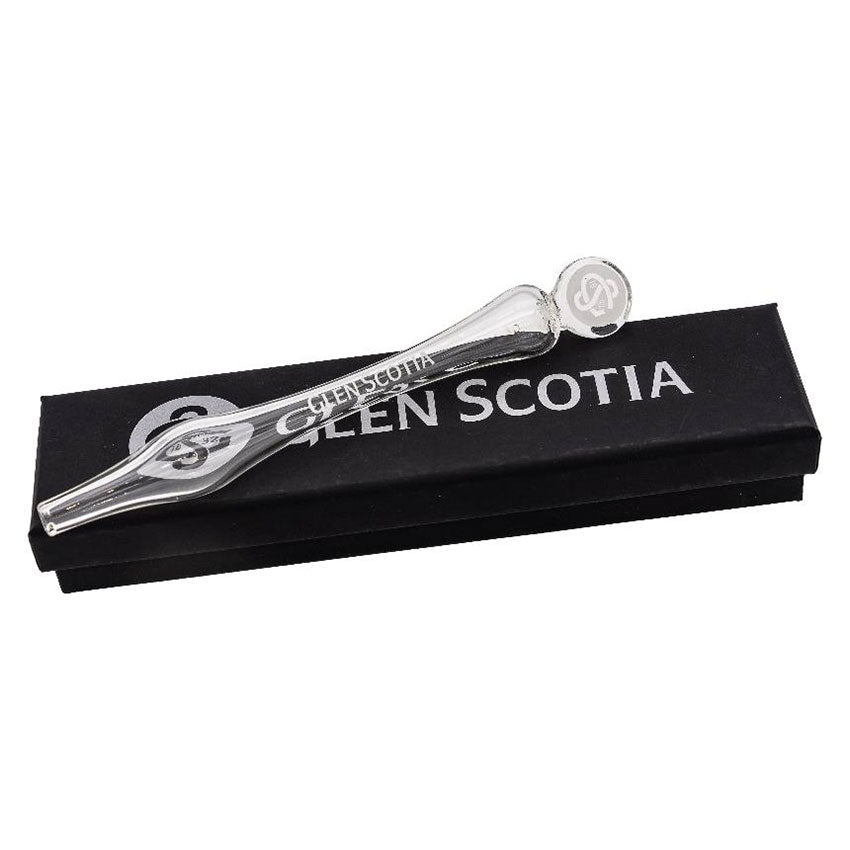 Displayed on a black box with "GLEN SCOTIA" written in white text, the Water Dropper features a transparent glass pipette with a decorative rounded end embossed with a logo. Perfect for whisky enthusiasts, this Water Dropper and its accompanying box showcase a sleek, elegant design brought to you by Glen Scotia.