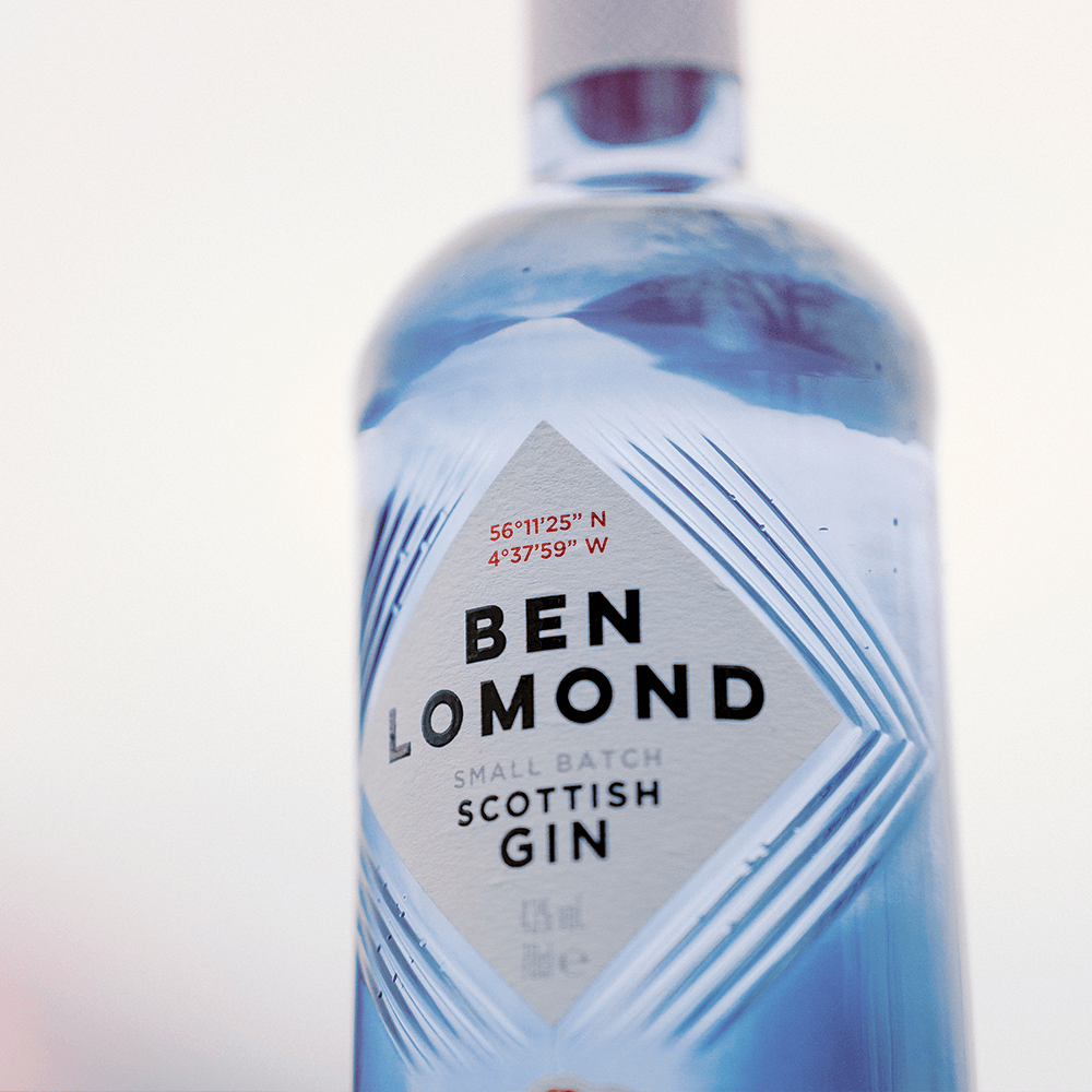 Bottle of Ben Lomond Scottish Gin on a white background