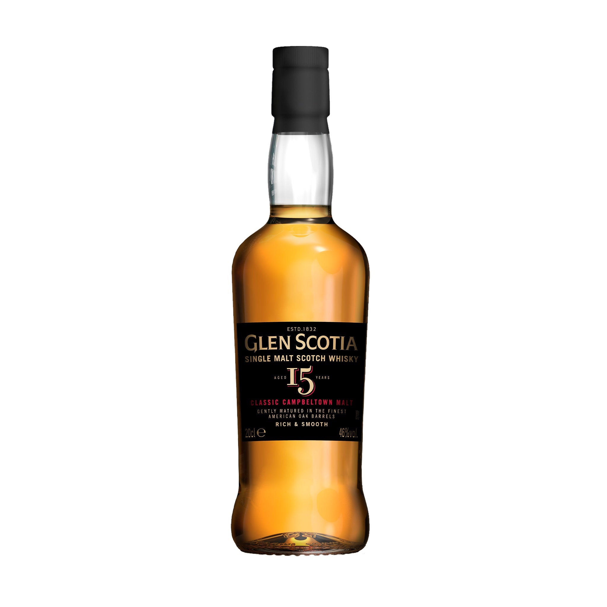 A bottle of Glen Scotia 15 Year Old Single Malt Whisky 20cl, featuring a dark label with gold text detailing the brand and age. The clear bottle showcases the amber-colored whisky inside, with a black cap sealed with dark covering. This makes an excellent gift for whisky enthusiasts.
