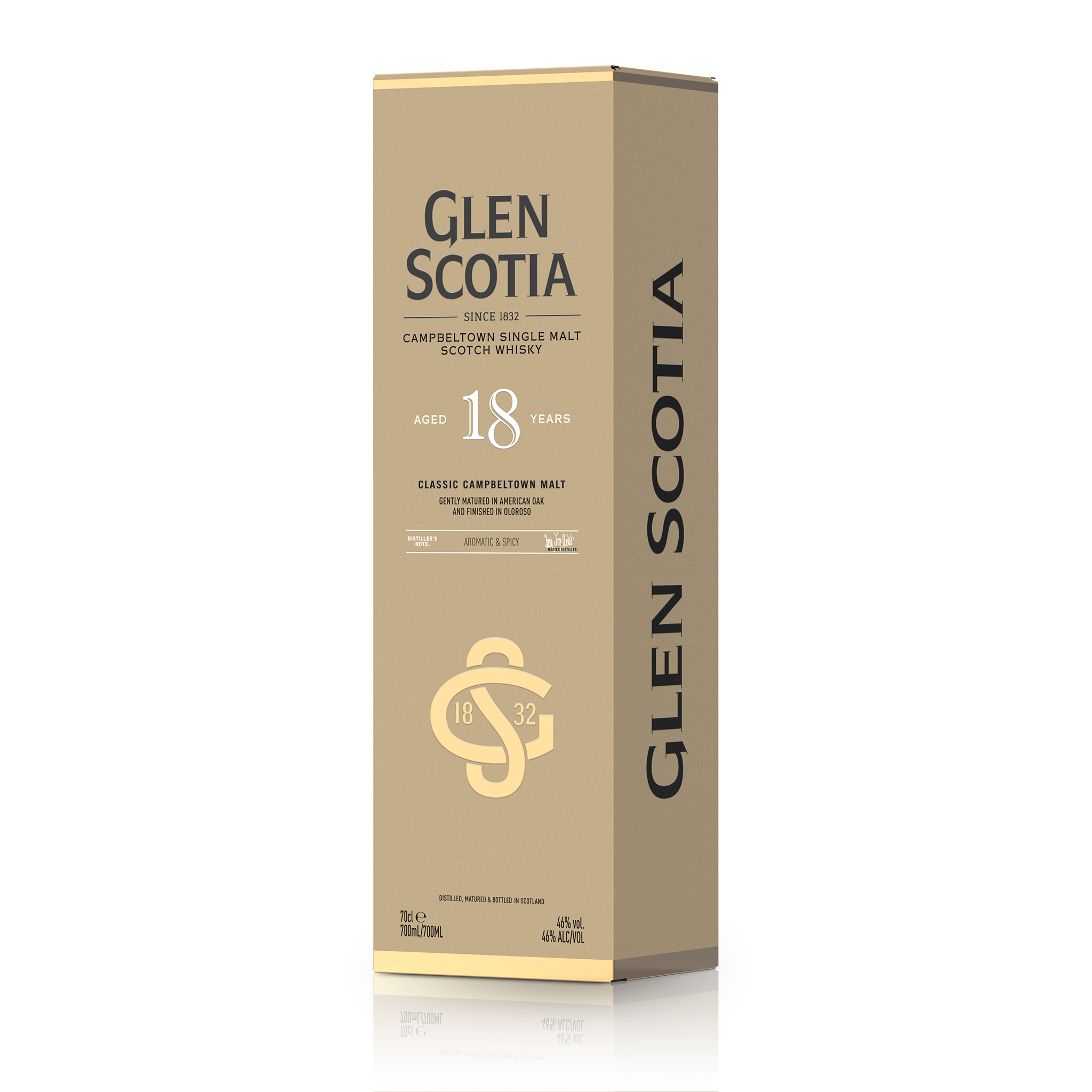 The Glen Scotia 18 Year Old Single Malt Scotch Whisky box, in tan and gold, highlights its Campbeltown origin and Oloroso cask maturation under the Master Blender's supervision. It stands at an angle on a white background.