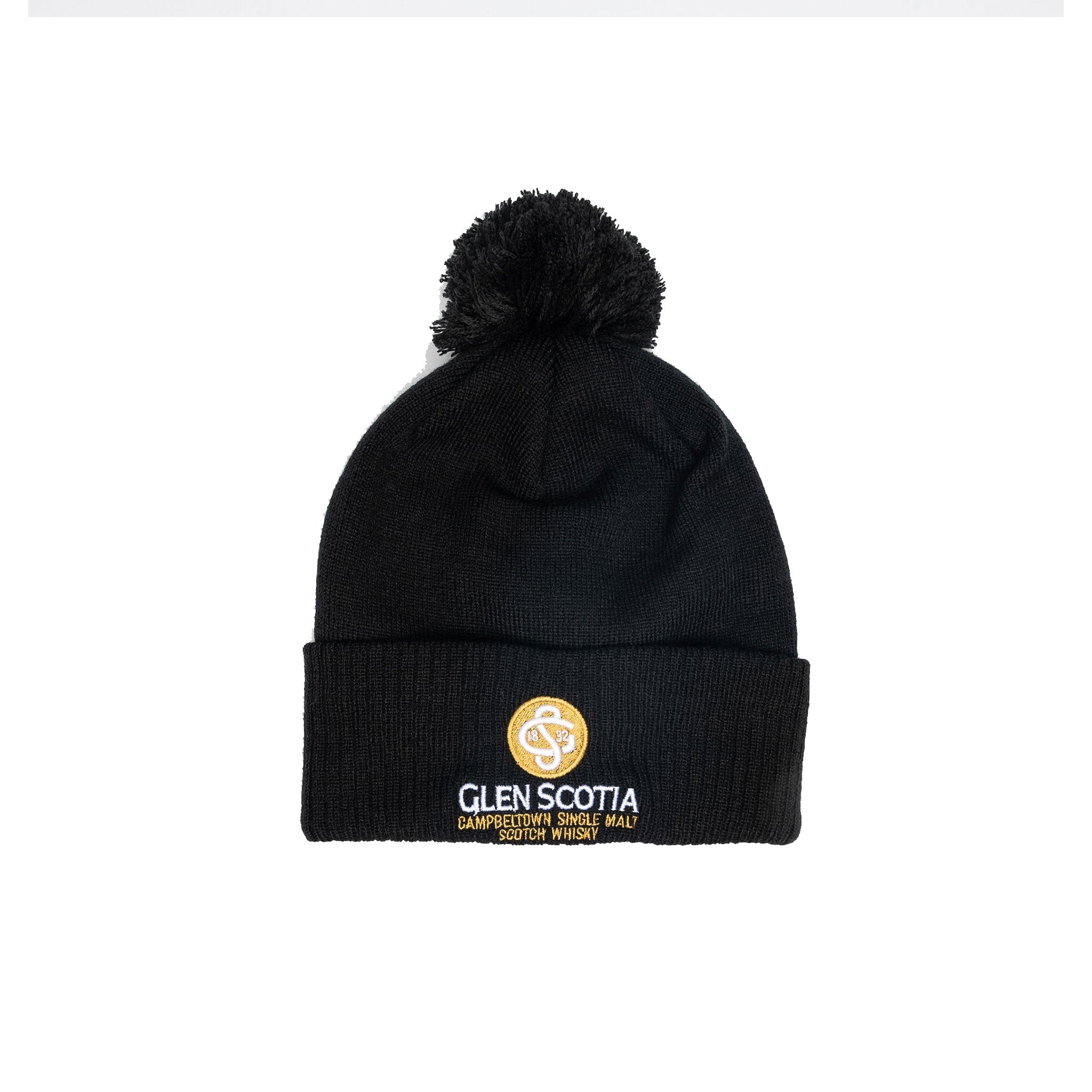 The Glen Scotia Beanie Bobble Hat is the ultimate cold-weather accessory. This black beanie, complete with a pom-pom on top, features a gold and white embroidered Glen Scotia logo along with text that reads "Glen Scotia," "Campbeltown Single Malt," and "Scotch Whisky.