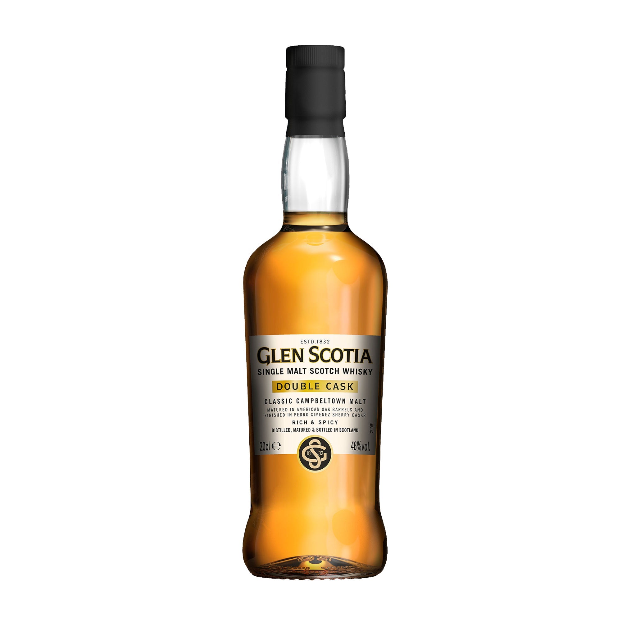 A bottle of Glen Scotia Double Cask Single Malt Whisky 20cl. The transparent bottle reveals the amber-colored whisky inside. The white and gold label details the product with text and branding, while the cap is sealed in black and gold foil. Perfect for whisky gifts or personal enjoyment.