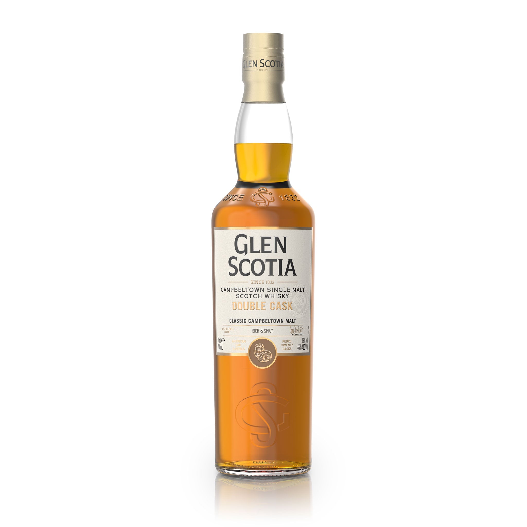 A bottle of Double Cask Single Malt Scotch Whisky with a white label from Glen Scotia.