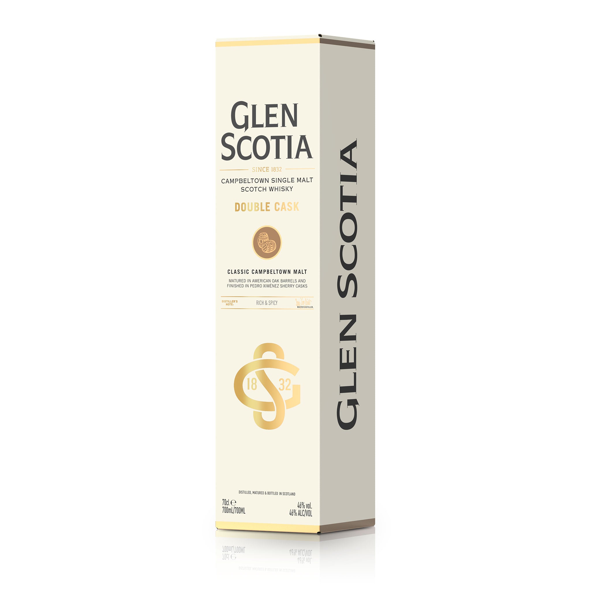 Image of a Glen Scotia Double Cask Single Malt Scotch Whisky box. The tall, rectangular packaging features an elegant beige and gold color scheme. The front showcases the brand name, product details, and a circular logo with "GS" and the year "1832." Ideal for whisky enthusiasts or as part of a whisky glass gift set.