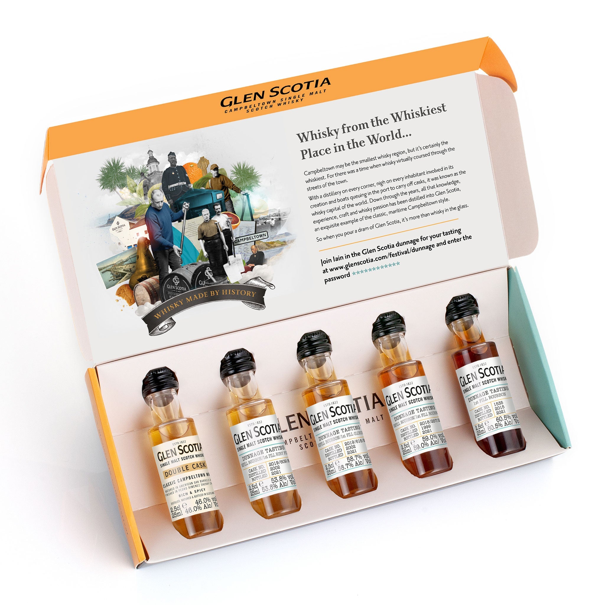 An open box labeled "Dunnage Whisky Tasting Gift Set" from Glen Scotia, displaying five miniature whisky bottles. The inside of the lid showcases historical imagery and detailed text about Campbeltown single malts, inviting customers to join a Dunnage Whisky Tasting Experience with Master Distiller Iain McAlister.