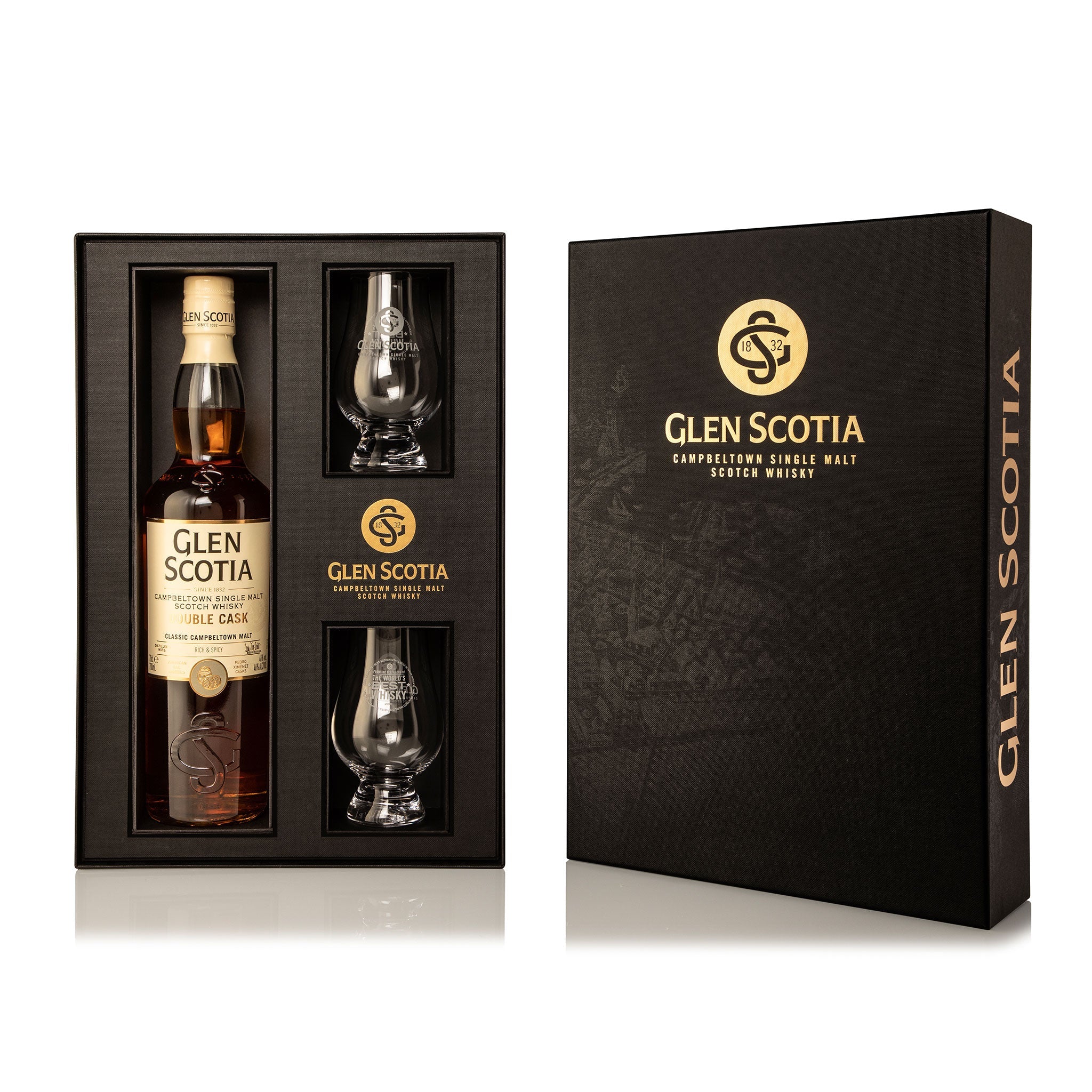 Double Cask Whisky Gift Set with glasses, featuring a bottle of Glen Scotia single-malt Scotch whisky and two branded whisky glasses. The black box is adorned with gold lettering. Inside the opened gift set, the Glen Scotia bottle and glasses are neatly placed in a black mold.
