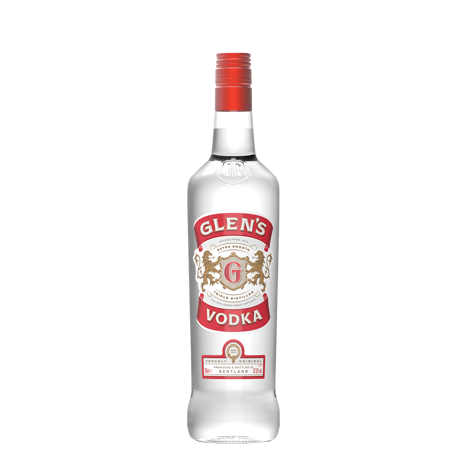 A bottle of Glen's Original vodka with a red label and cap against a plain background.
