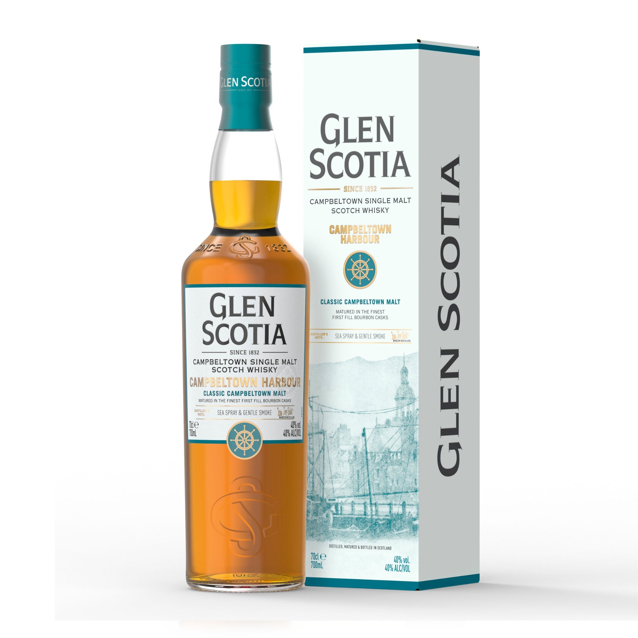 A bottle of Glen Scotia Campbeltown Harbour Whisky, showcasing a gold-amber liquid. The bottle is accompanied by its tall, rectangular box embellished with maritime-themed illustrations and the Glen Scotia logo. An ideal choice for whisky gifts.