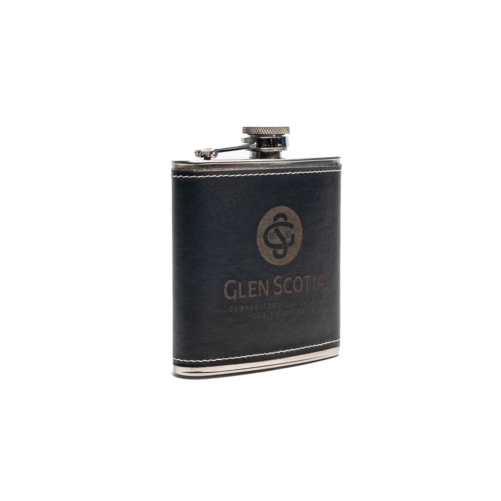 Introducing the Glen Scotia Whisky Hipflask: A sleek black leather-wrapped hip flask with elegant silver accents and a secure screw-on cap. The flask proudly displays the "Glen Scotia" logo and branding in gold lettering, offering the ideal gift for any whisky connoisseur.