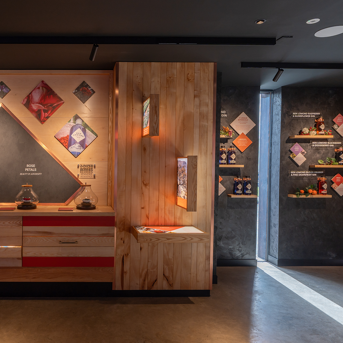 Modern interior design with wooden panels and decorative elements on a wall.