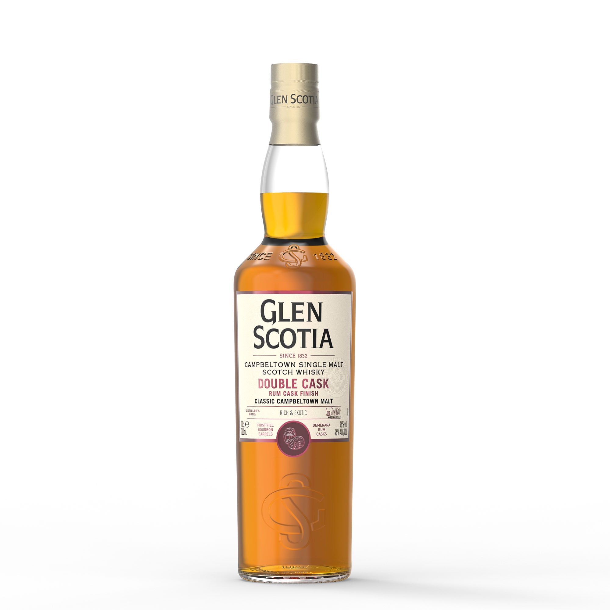 A bottle of Glen Scotia Double Cask Rum Finish Single Malt Scotch Whisky is displayed against a white background. The bottle features a golden liquid with a black and cream label indicating its brand and type, topped with a beige and green cap, making it an ideal whisky gift.