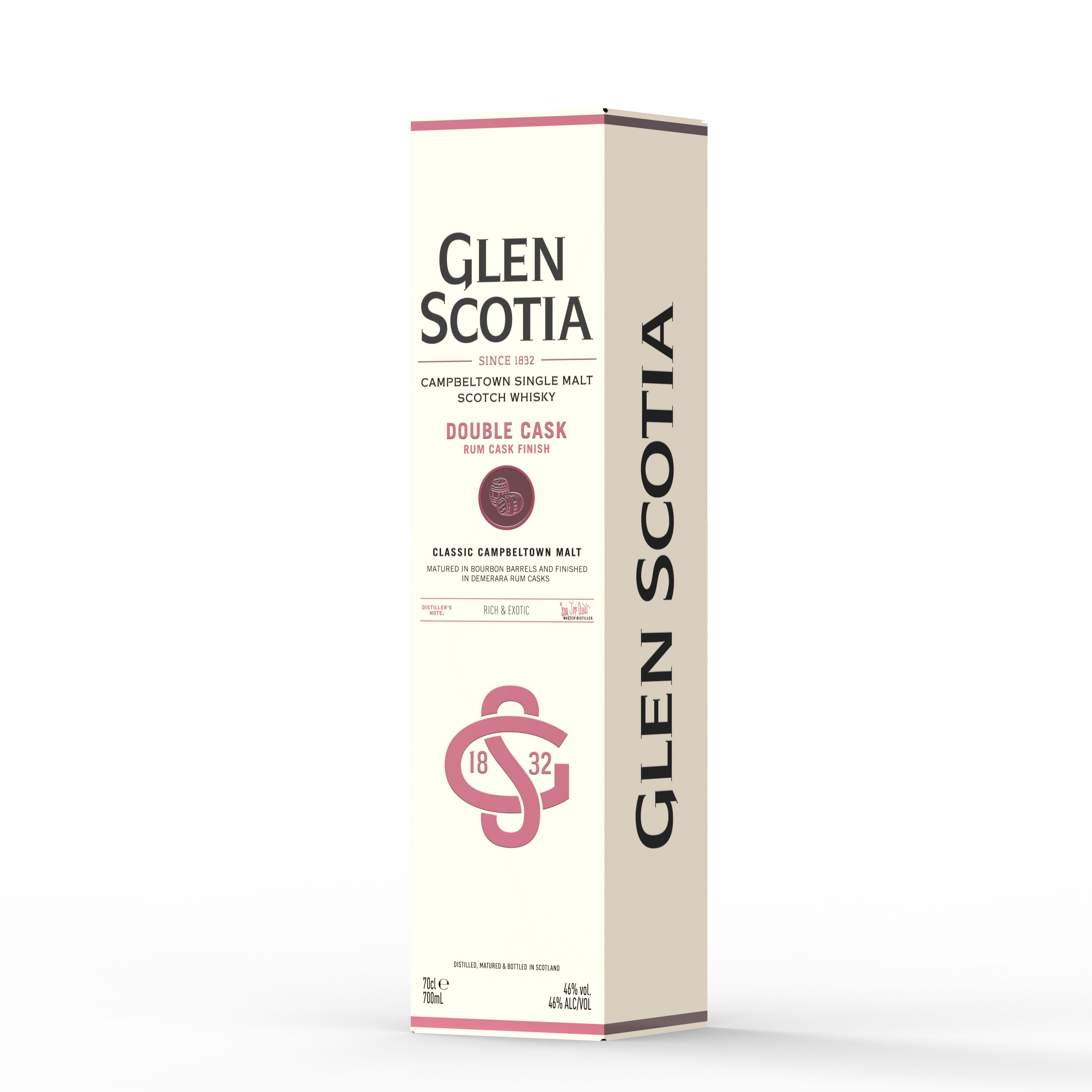 A rectangular box of Glen Scotia Double Cask Rum Finish Single Malt Scotch Whisky. The predominantly white packaging with black and red lettering features the logo and "1832". The whisky details are clearly printed on the front, making it an ideal whisky gift.