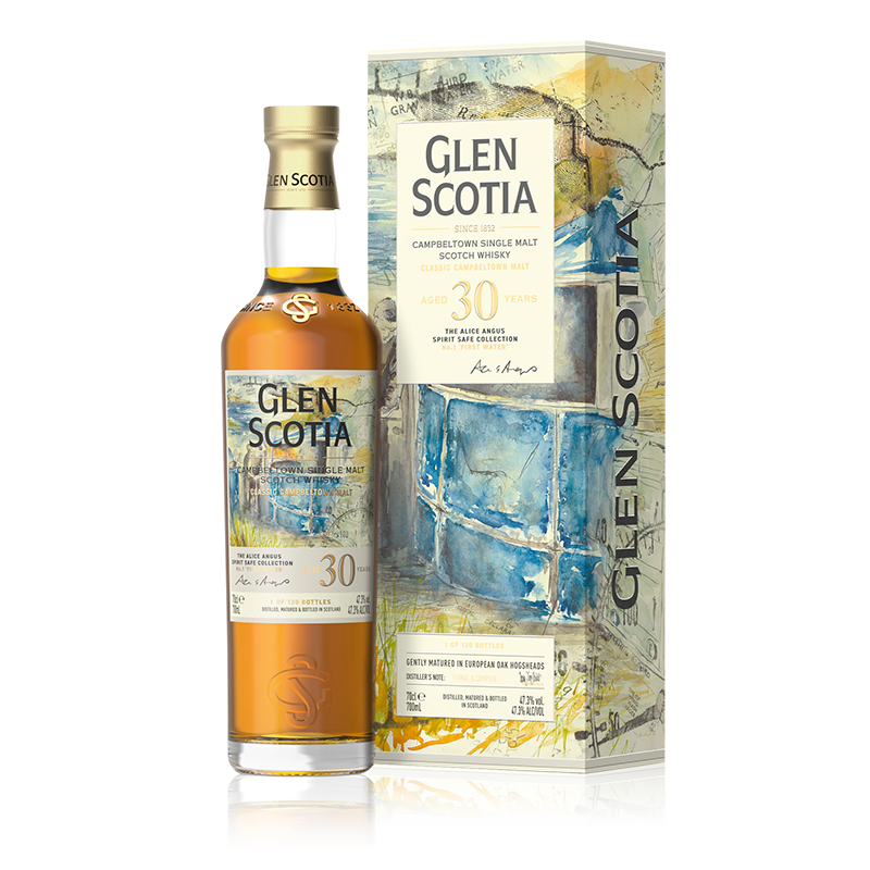 A bottle of Glen Scotia Old & Rare Alice Angus Spirit Safe Collection is displayed next to its matching box. The box features a colorful, abstract painting with blue, yellow, and white tones. This limited edition bottling boasts a gold cap and label adorned with similar artwork.