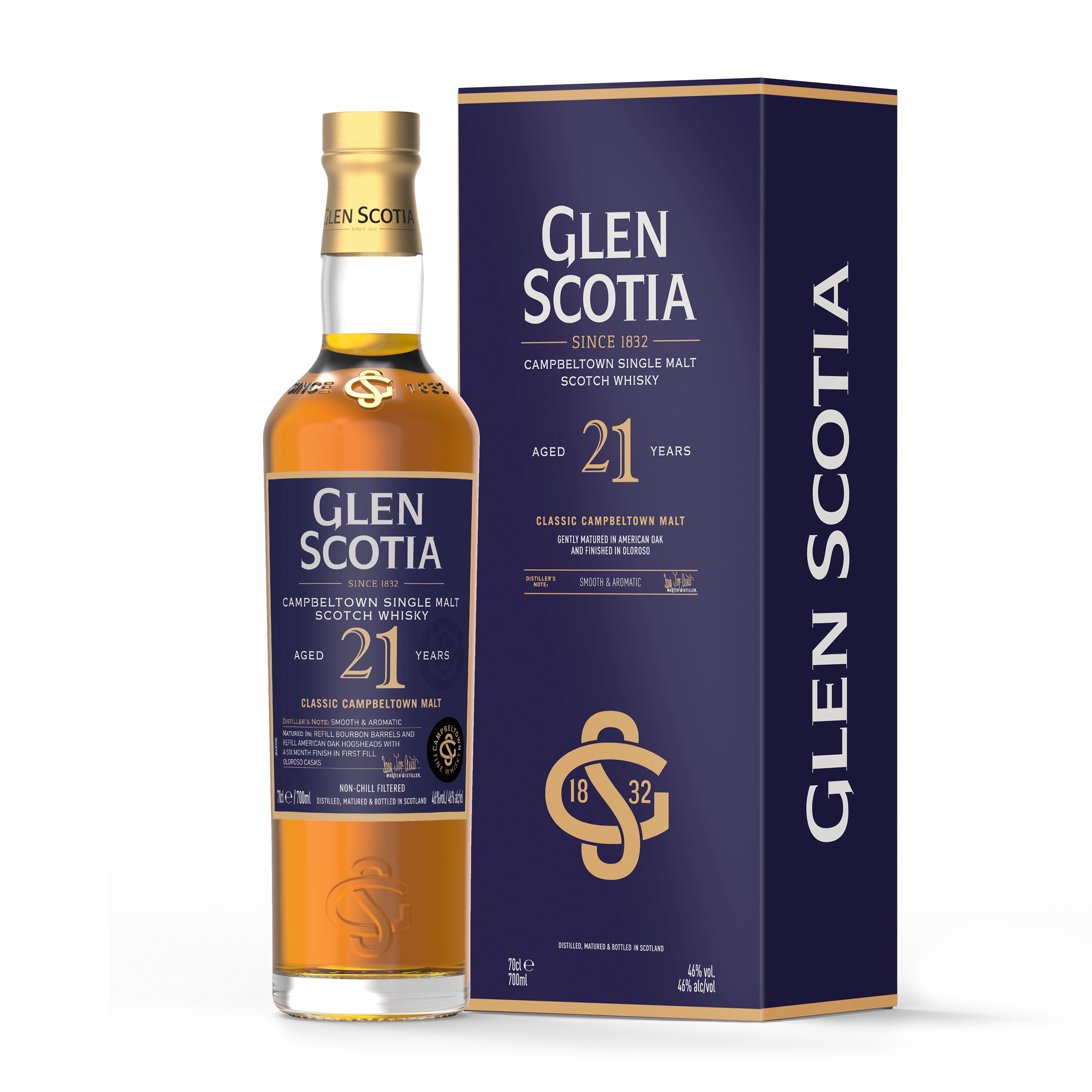 Image of a bottle of Glen Scotia 21 Year Old Whisky next to its dark blue box. The bottle label and box both feature gold and white text with the brand name and age prominently displayed, making it an ideal whisky gift.