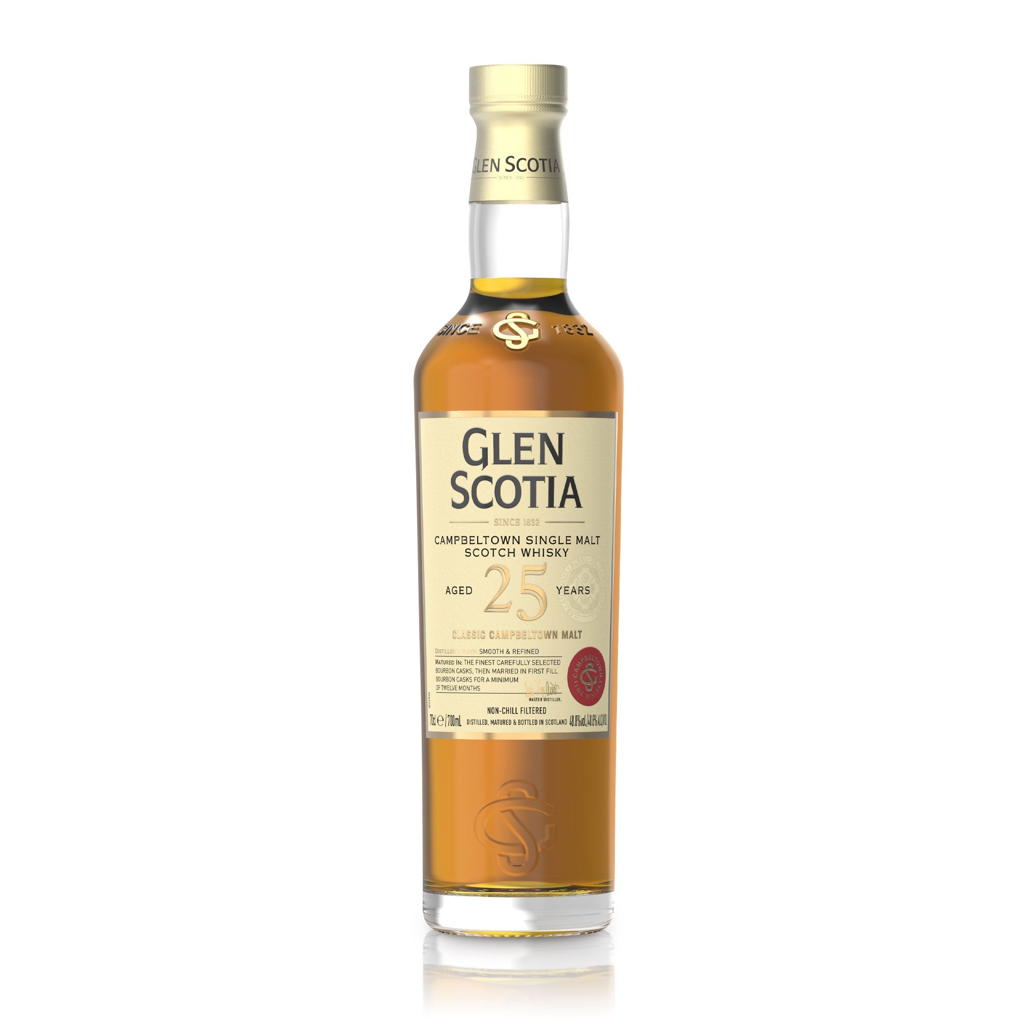 A bottle of Glen Scotia 25 Year Old Single Malt Scotch Whisky features a clear body showcasing an amber-colored liquid. The label prominently displays the brand name and age, accentuated by a gold seal and details about the whisky. Ideal for whisky gifts.