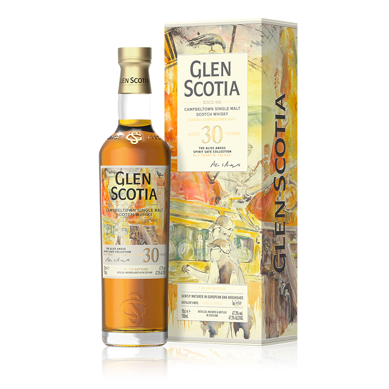 A bottle of Alice Angus Spirit Safe Collection by Glen Scotia Old & Rare is displayed alongside its colorful, artistically designed box. The label on this limited edition bottling includes the signature of Michael Henry and emphasizes the whisky's age and origin.