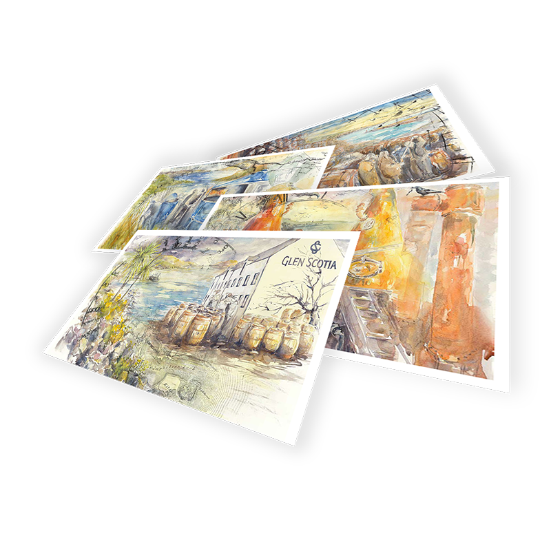 A display of the Spirit Safe Postcard Collection by Glen Scotia, featuring four watercolor postcards arranged in a scattered layout against a black background. Each postcard showcases different scenic artwork from the Kintyre Peninsula, highlighting rustic buildings, wooden barrels, and landscapes. One of the postcards includes the text "Glen Scotia.