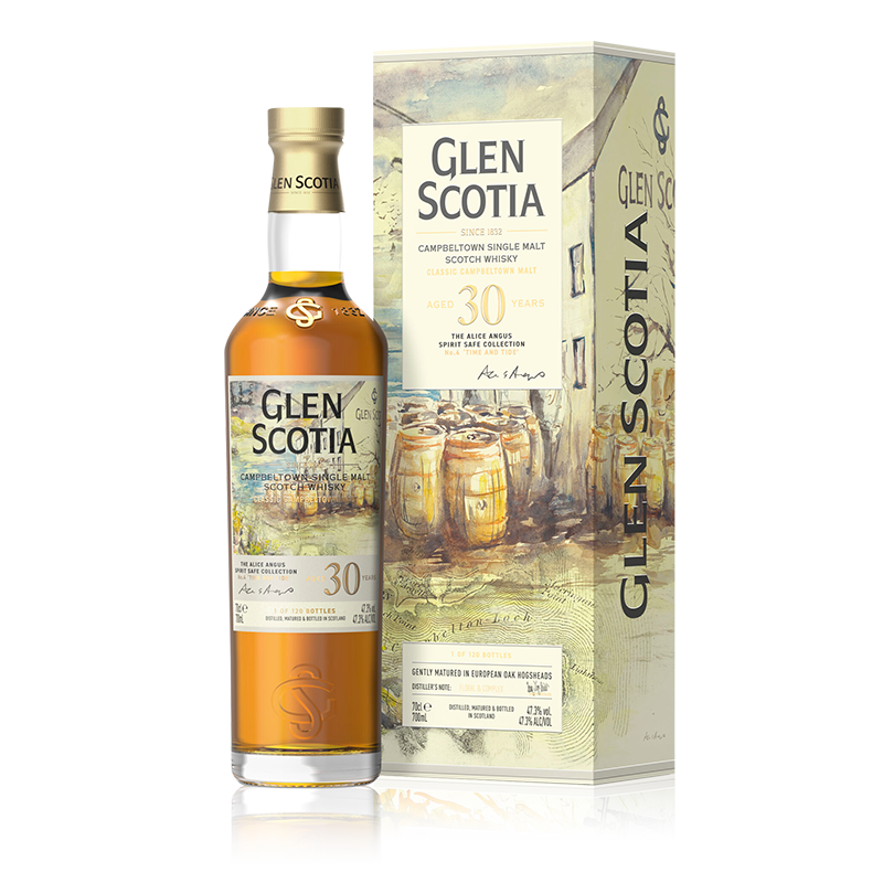 A bottle of Glen Scotia Old & Rare Alice Angus Spirit Safe Collection is displayed next to its decorative box. This limited edition bottling showcases a clear golden amber liquid and a white label with gold accents. The box features illustrations of whisky barrels and scenic views.