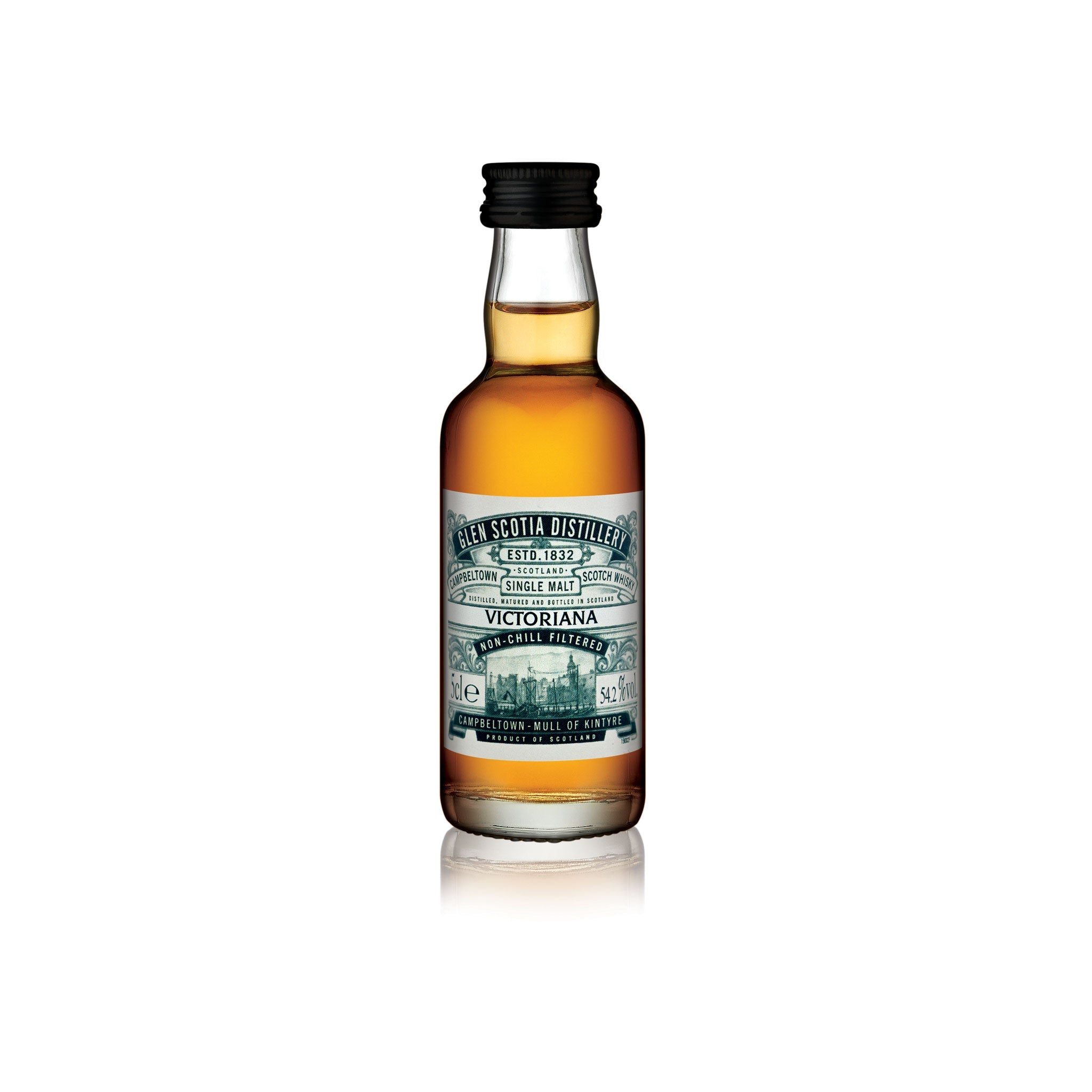 A miniature 5cl glass bottle of Glen Scotia's Victoriana Whisky with a black cap. The detailed label showcases the distillery's name, establishment date (1832), and product information in muted green and gold colors, making it ideal for whisky gifts.